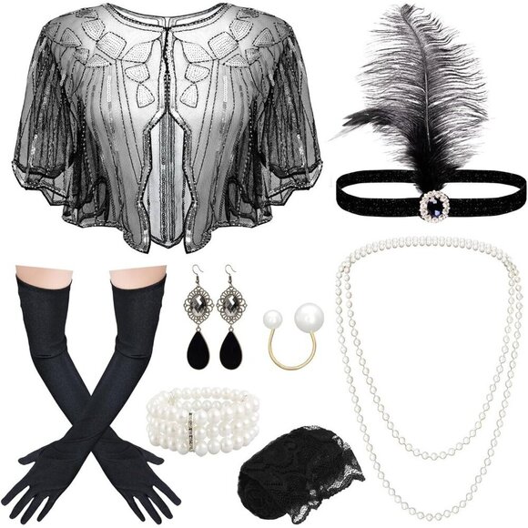 1920s Flapper Costume Accessories Set Sequin Shawl Feather Headpiece Pearl Neckl main image 4